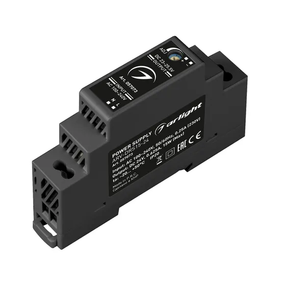 Фото #1 товара Блок питания ARV-DRS-15-24 (24V, 0.63A, 15W) (Arlight, IP20 DIN-рейка 5 лет)