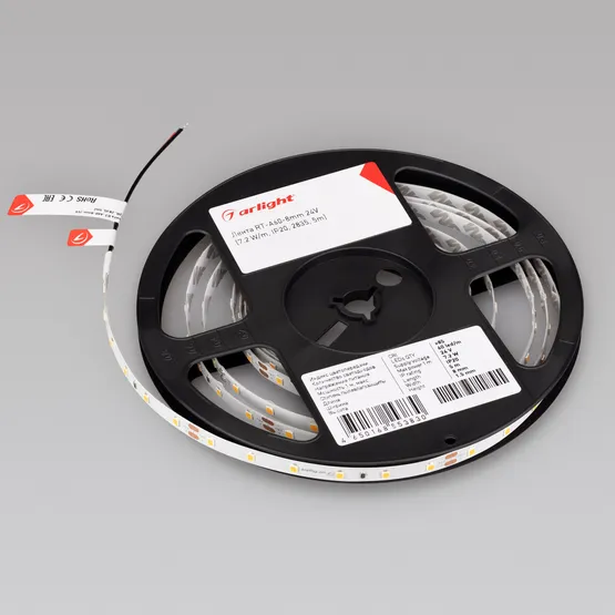 Фото #4 товара Светодиодная лента RT-A60-8mm 24V Warm3000 (7.2 W/m, IP20, 2835, 5m) (Arlight, Открытый)