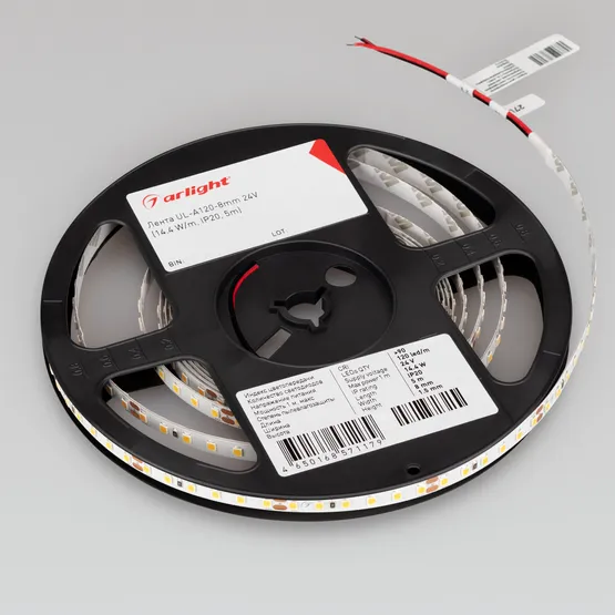 Фото #3 товара Светодиодная лента UL-A120-8mm 24V Warm3500 (9.6 W/m, IP20, 5m) (Arlight, 7 лет)
