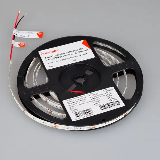 Фото #4 товара Светодиодная лента MICROLED-M240-8mm 24V White-CDW (9.6 W/m, IP20, 2216, 5m) (Arlight, Открытый)