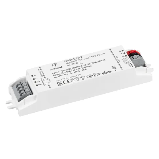 Фото #1 товара Блок питания ARJ-SP-36-PFC-DALI2-NFC-PD-WR (36W, 3-50V, 0.15-0.9A) (Arlight, IP20 Пластик, 5 лет)