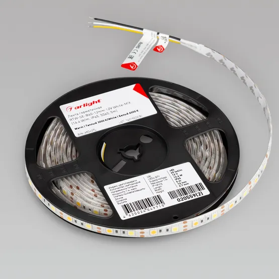 Фото #3 товара Светодиодная лента герметичная RTW-SE-B60-12mm 12V White-MIX (14.4 W/m, IP65, 5060, 5m) (Arlight, Изменяемая ЦТ)