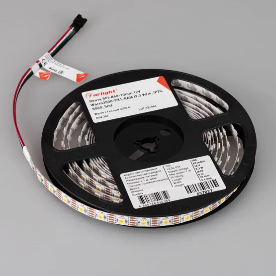 Фото #4 товара Светодиодная лента SPI-B60-10mm 12V Warm3000-PX1-RAM (9.3 W/m, IP20, 5060, 5m) (Arlight, бегущий огонь)